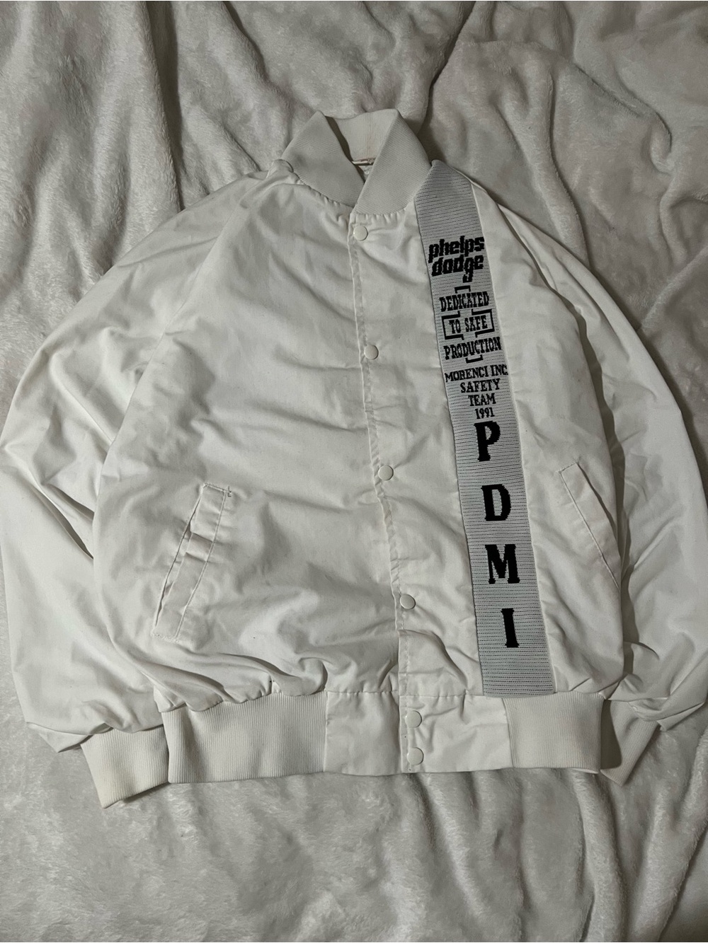 Vintage 1991 White Bomber Mining Jacket with Branded Strap